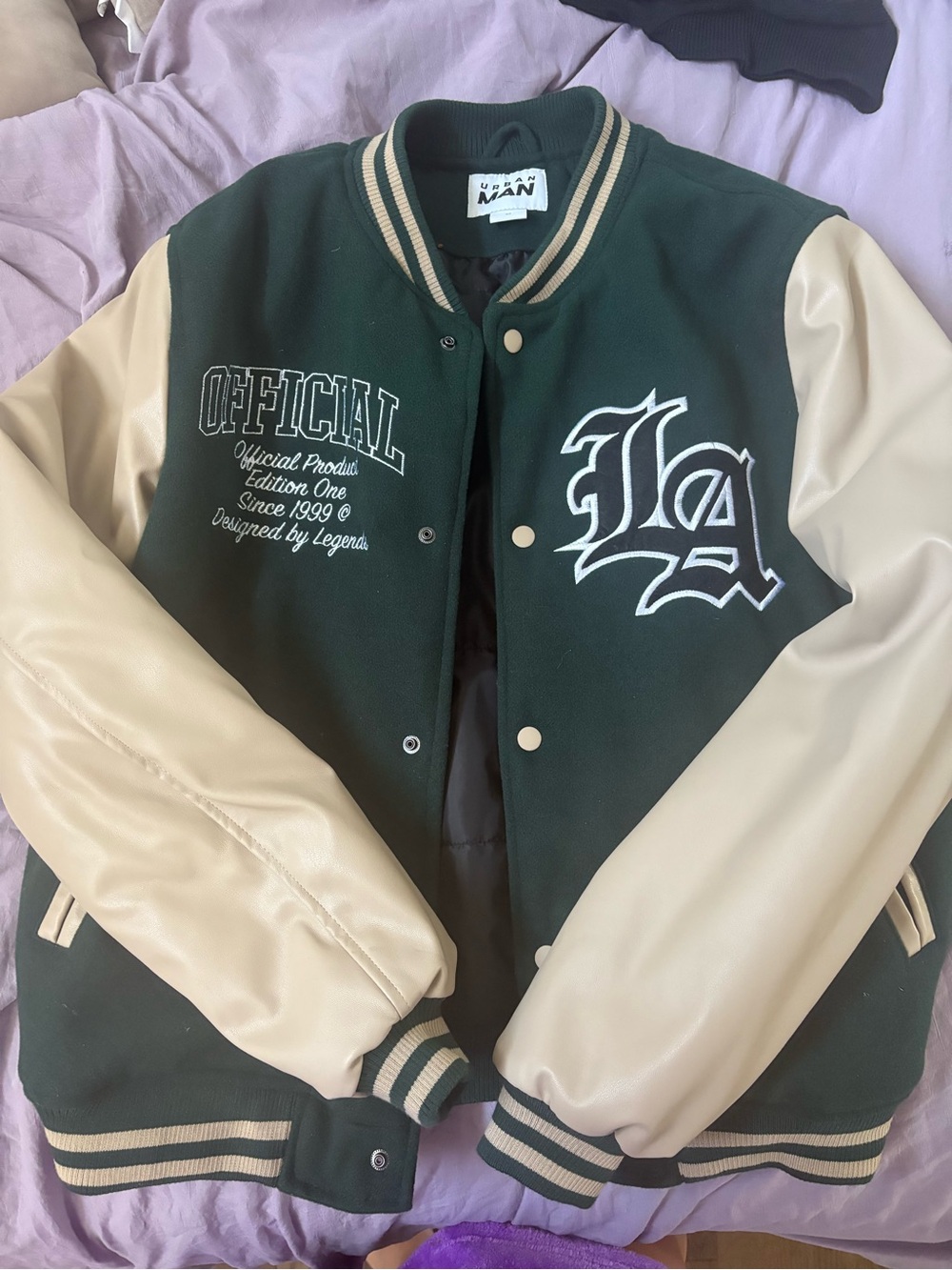 Urban Outfitters Green and Cream Varsity Bomber Jacket